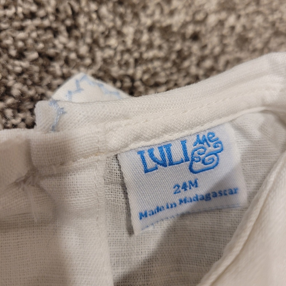 Luli & Me Boys 24M Smocked Bobby Suit Set White Blue Linen Cotton 2pc Outfit - Picture 3 of 9